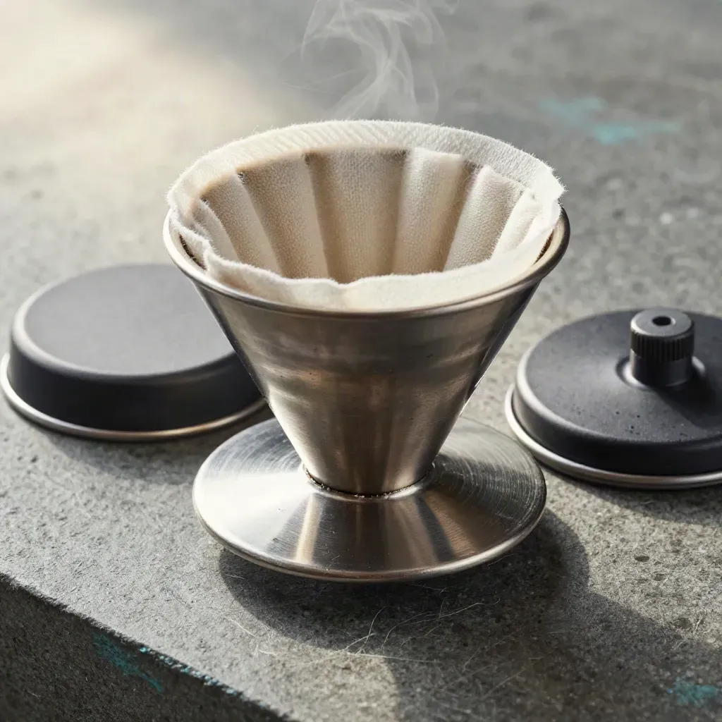 Coffee roastery tools in a tight macro flatlay on ash stone with soft steam haze.