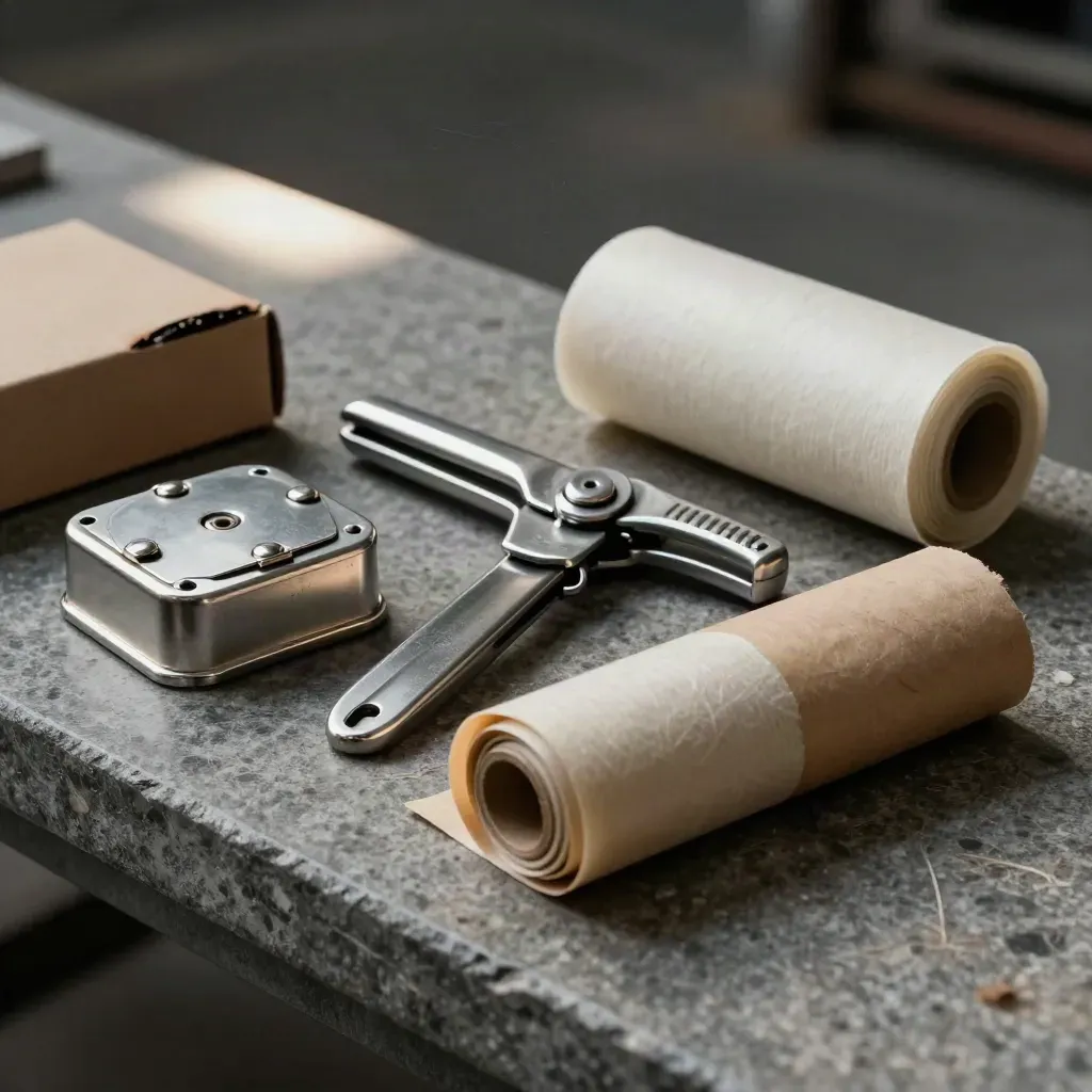 Logistics still life with cargo seal, parcel clip, tag crimper and kraft wrap on brushed stone.