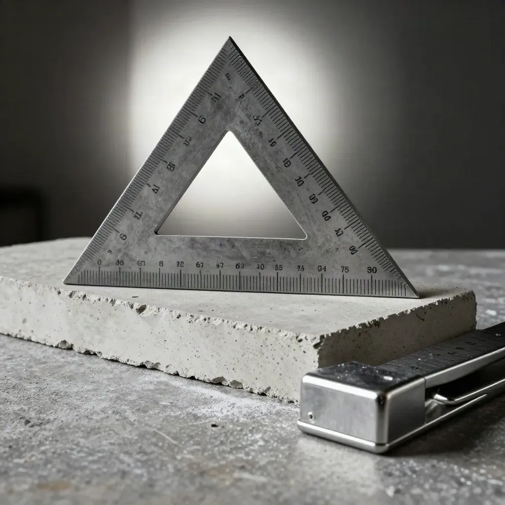 Architectural tools and concrete samples in a diagonal macro still life on stone.
