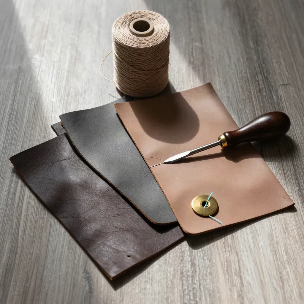Leather swatches, waxed thread, awl and brass snap on pale wood in a diagonal flat lay.
