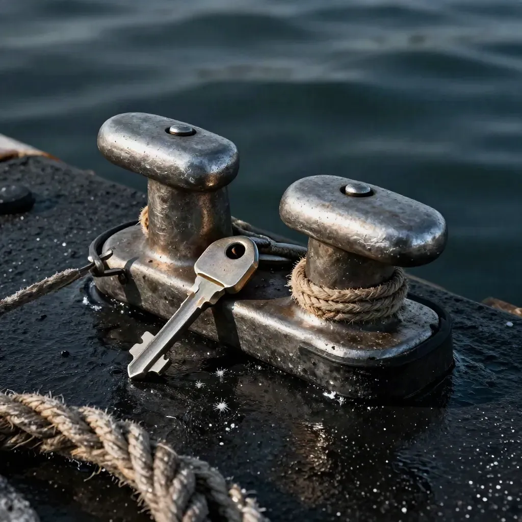 Dockside kit with steel cleat, rope thimble, latch, and rubber bumper