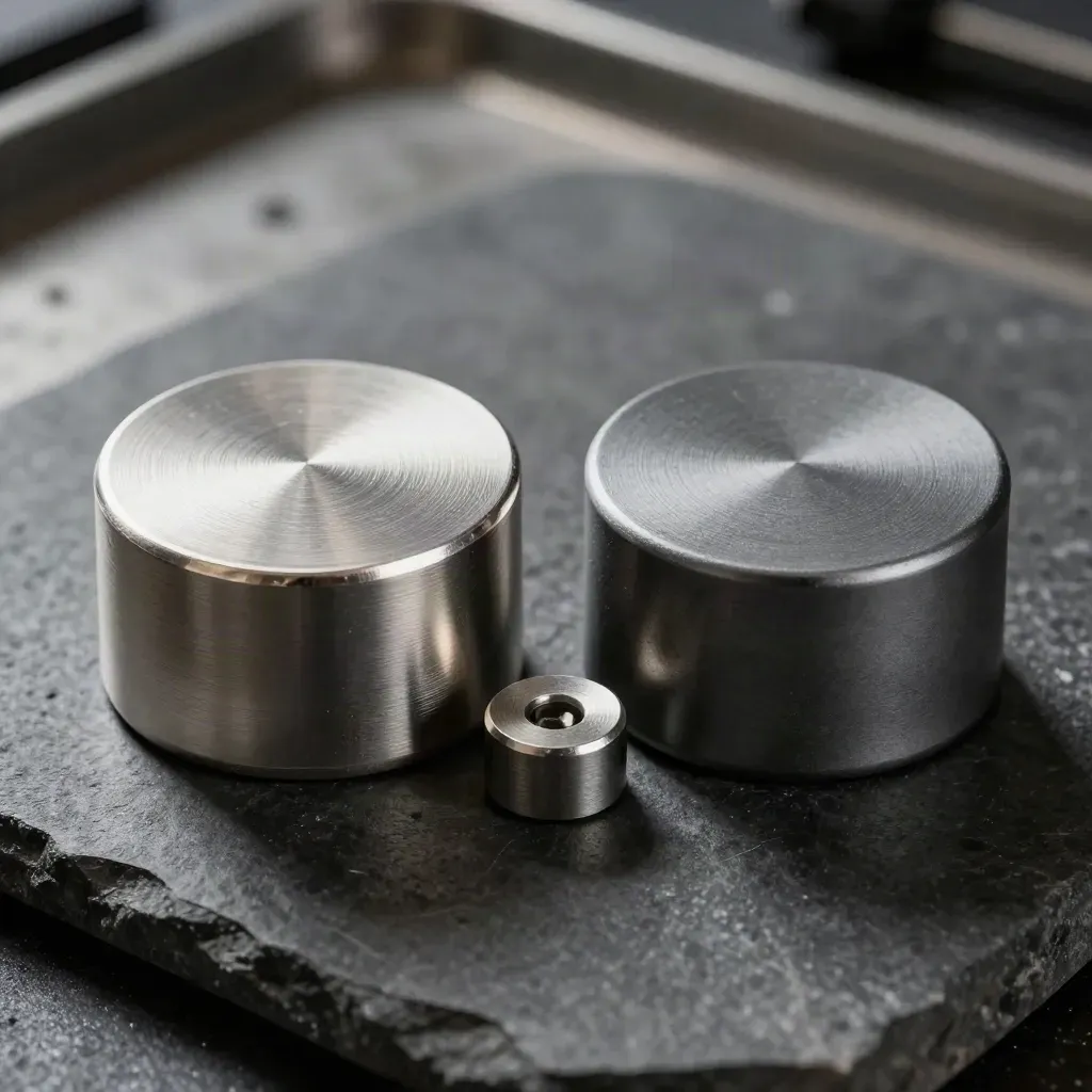 Matte silver and graphite vault pucks with a tiny balance weight on dark stone.
