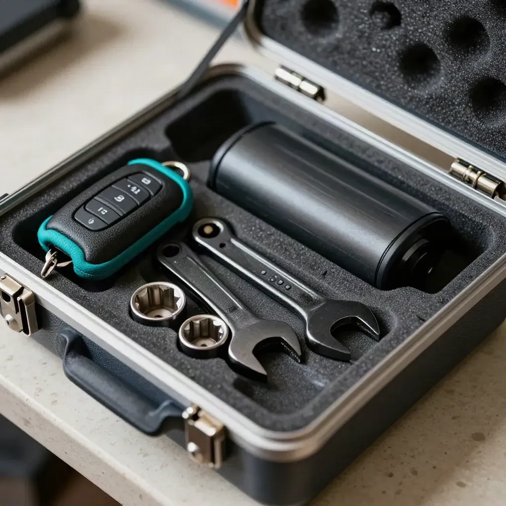 Macro service kit in an open case: wrench socket, key fob shell, battery pack and gasket on travertine.
