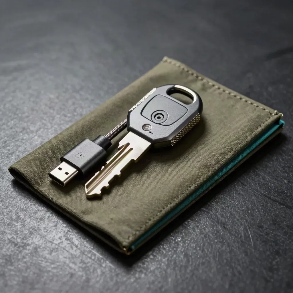 Hardware security key, USB-C bridge lead, and sealed transfer sleeve on brushed metal