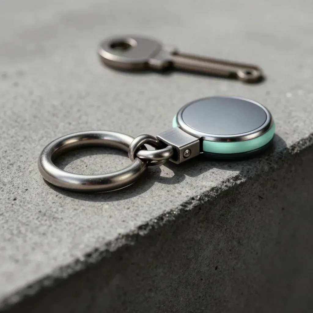 Metal payment ring, tap puck, and clasp on graphite concrete, side-on macro.
