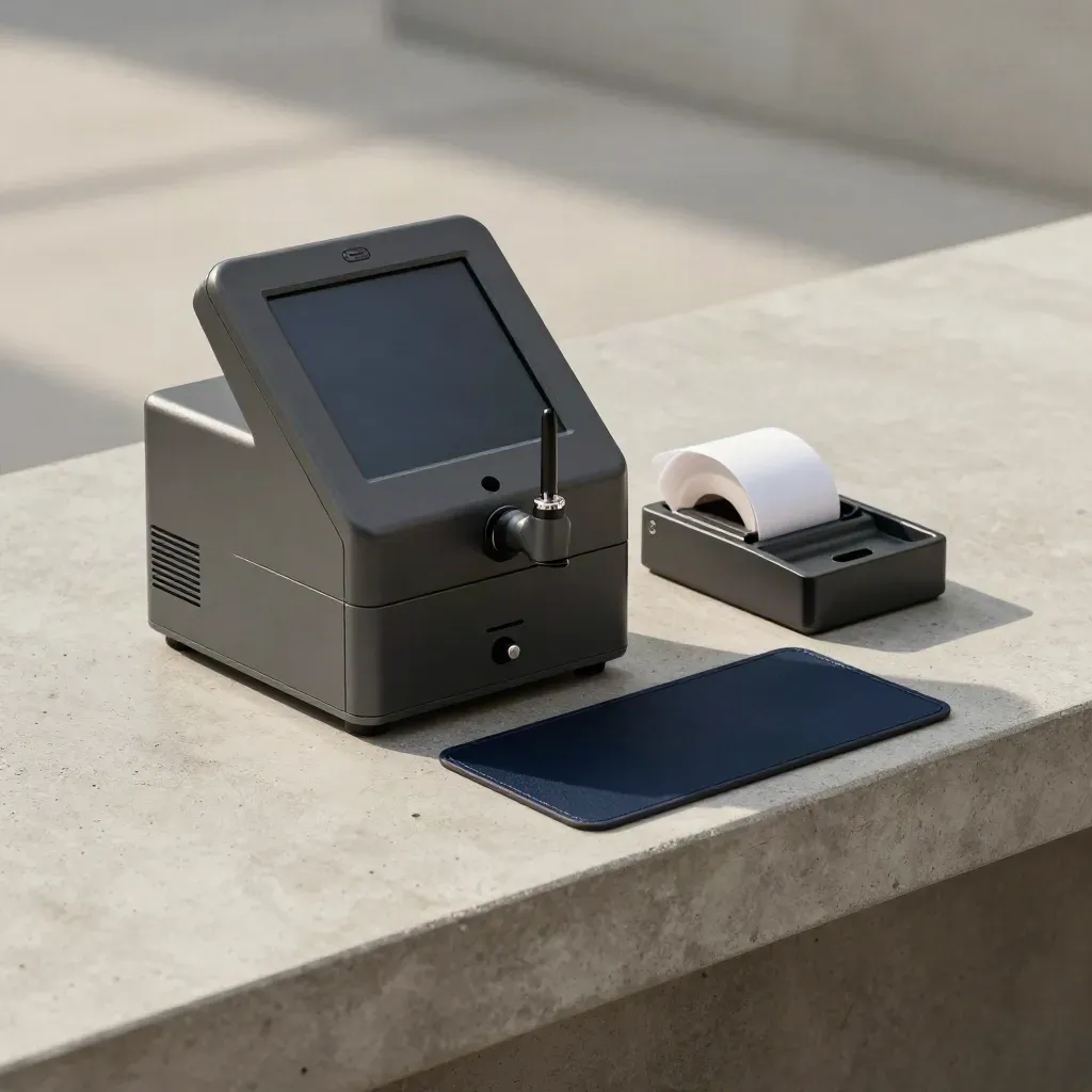 Checkout terminal shell, receipt spindle, coin tray and key on pale concrete with soft daylight.