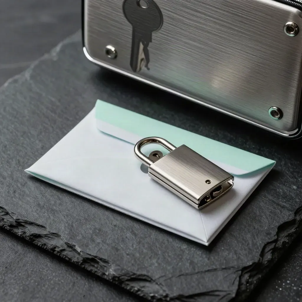 Titanium recovery kit with plates, sealed envelope, key capsule, and lock tag on dark slate.