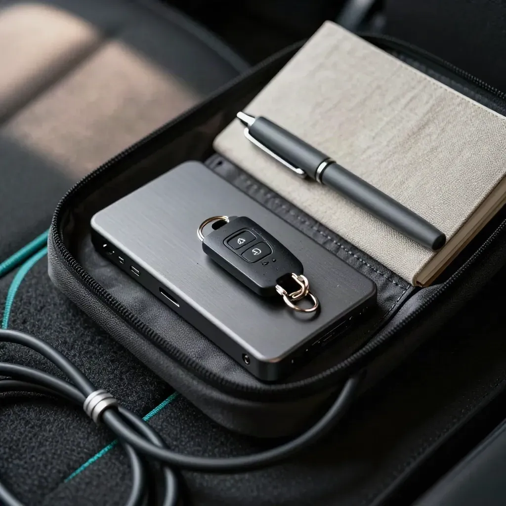 Travel wallet kit closeup with SSD, security key, notebook, pen cap, and blurred cable coil.