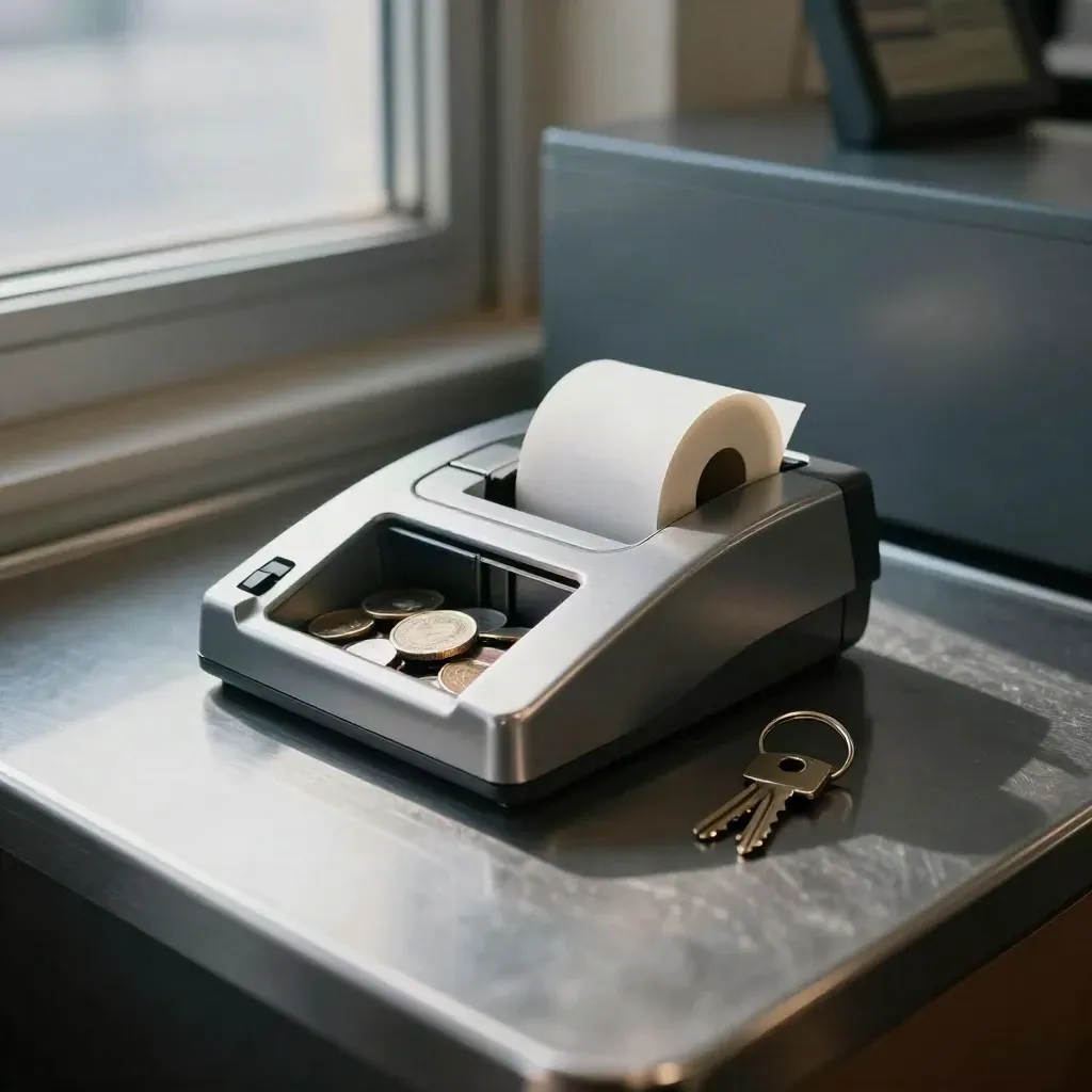 Checkout dock, coin tray, receipt spindle, and cash key on a brushed counter.