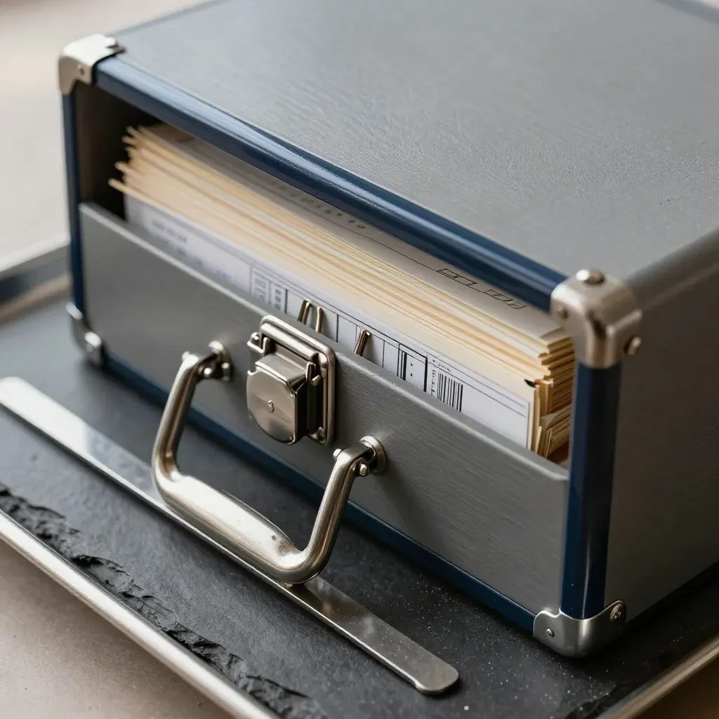 Macro of a secure archive box with binder clips and audit seal on slate