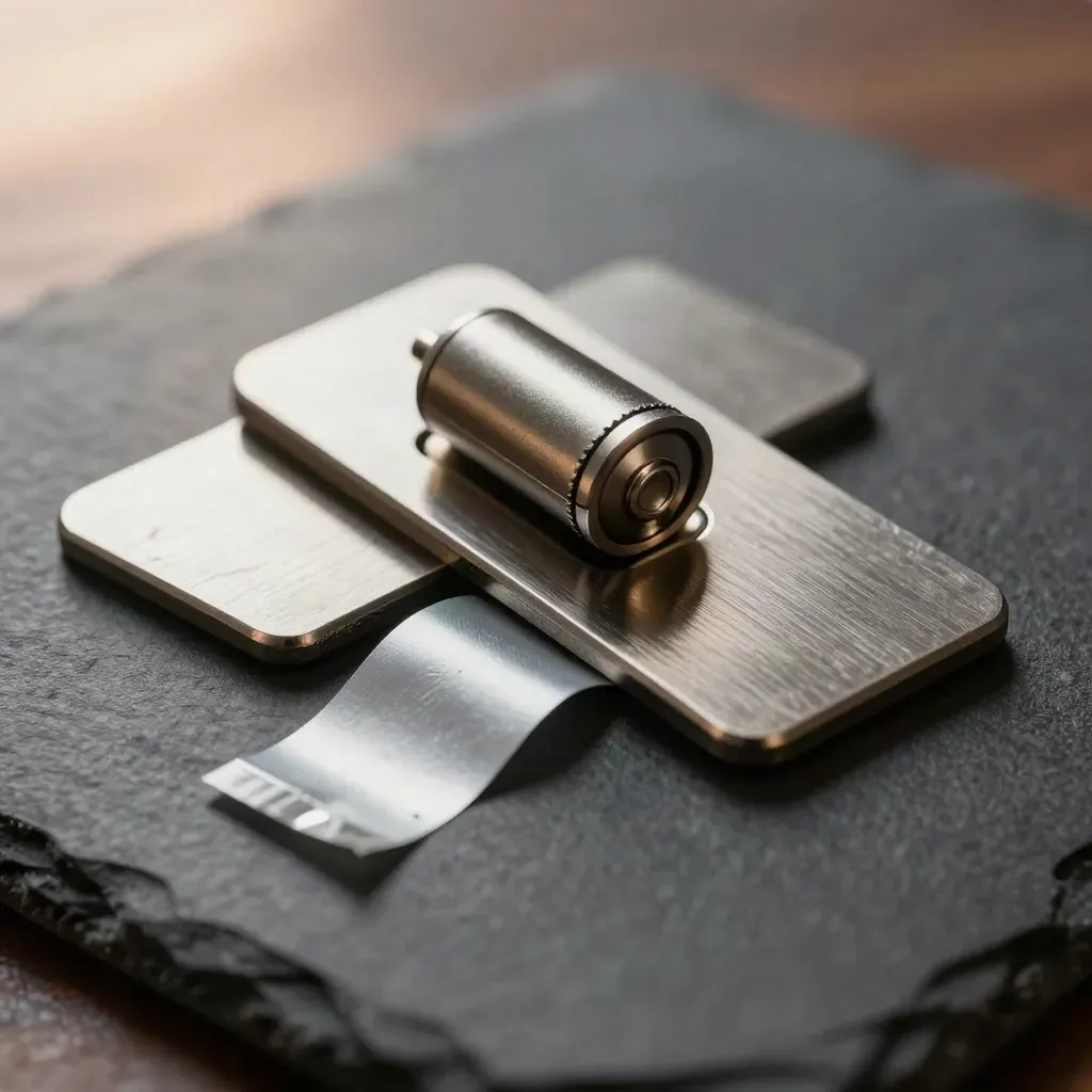 Titanium backup plates, spare key capsule, and a silver seal strip on dark slate.