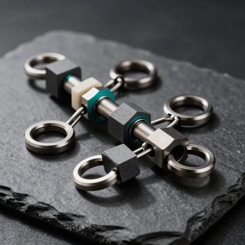 Graphite connectors and rings locking into a diagonal workflow chain on dark stone