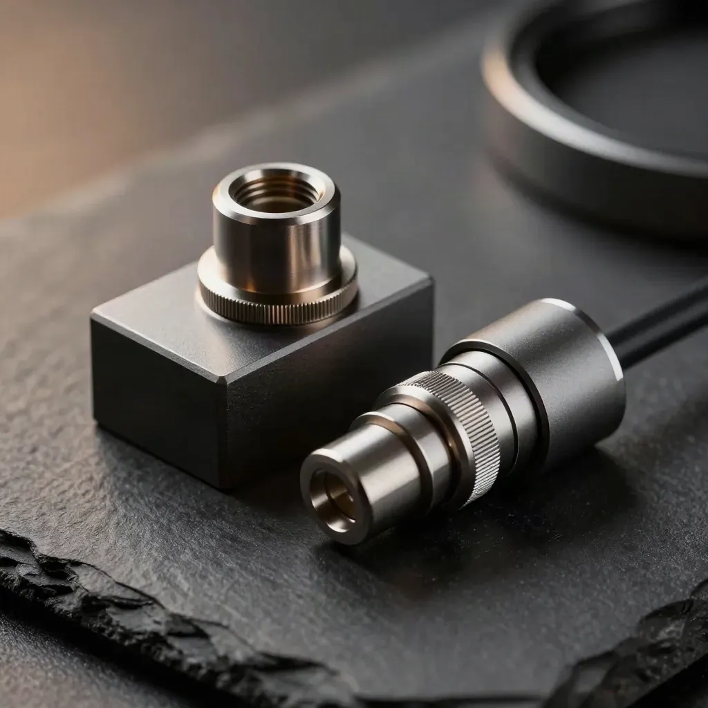 Top-down macro of precision metal adapters and a dovetail block locking together on dark stone