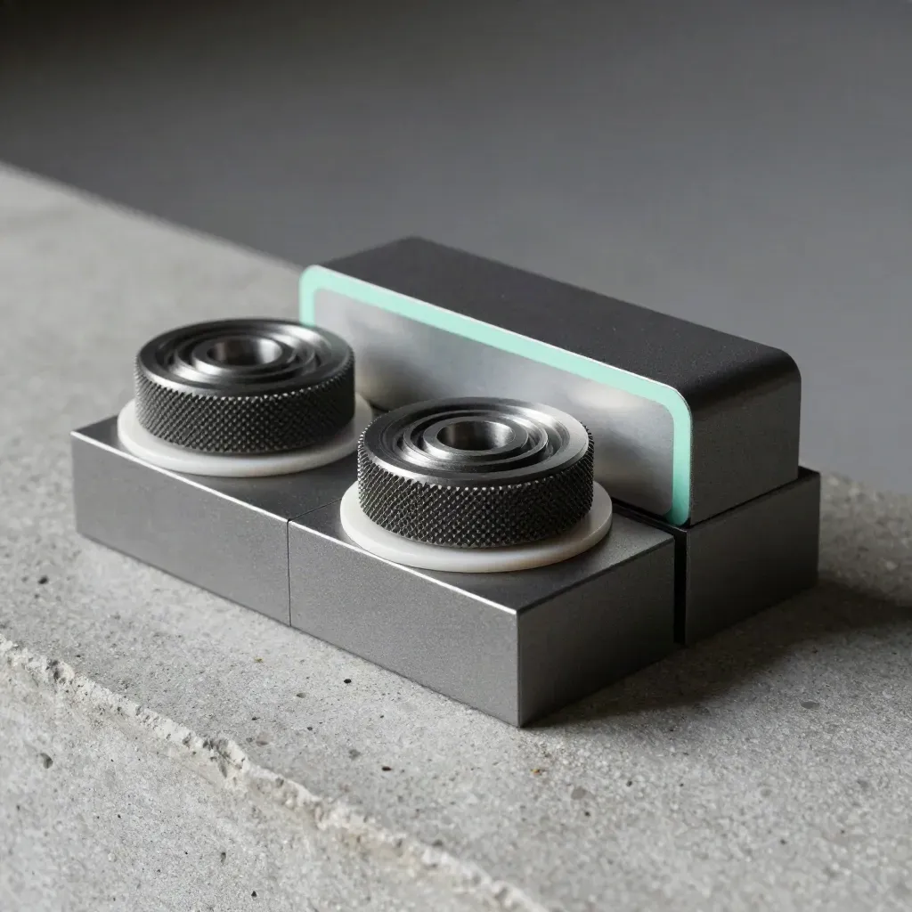 Graphite modular blocks, binding discs and a mint spacer rail on stone with soft directional light.