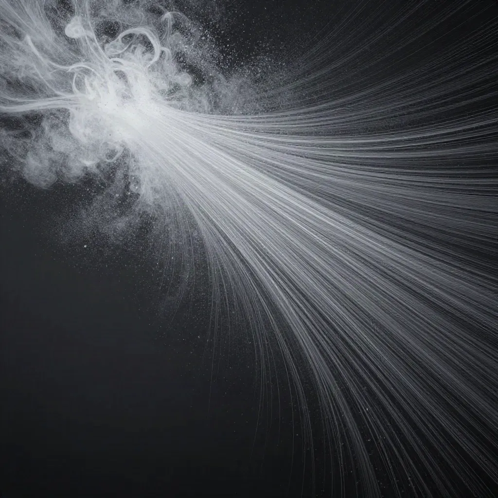 Silver filaments converging in graphite haze with a soft white bloom and open copy space.