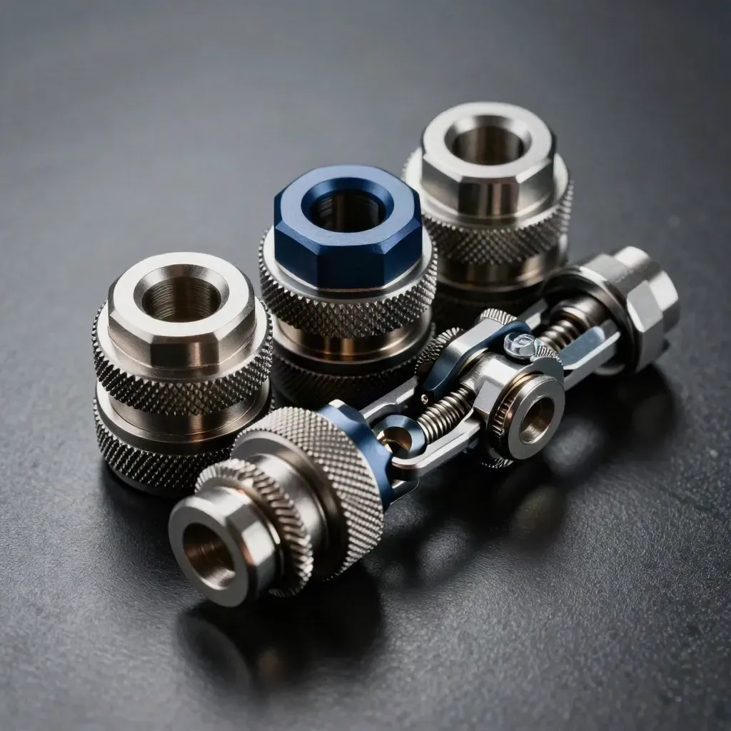 Precision metal couplers and linked fasteners on dark brushed steel with a midnight navy accent